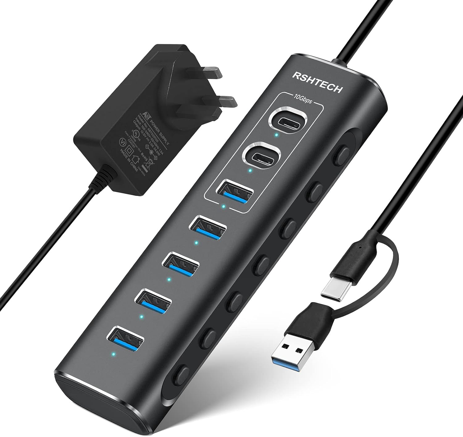RSHTECH Powered USB 3.1/3.2 Hub, 7-Port USB C Hub with 10Gbps USB-A and 2 USB-C...