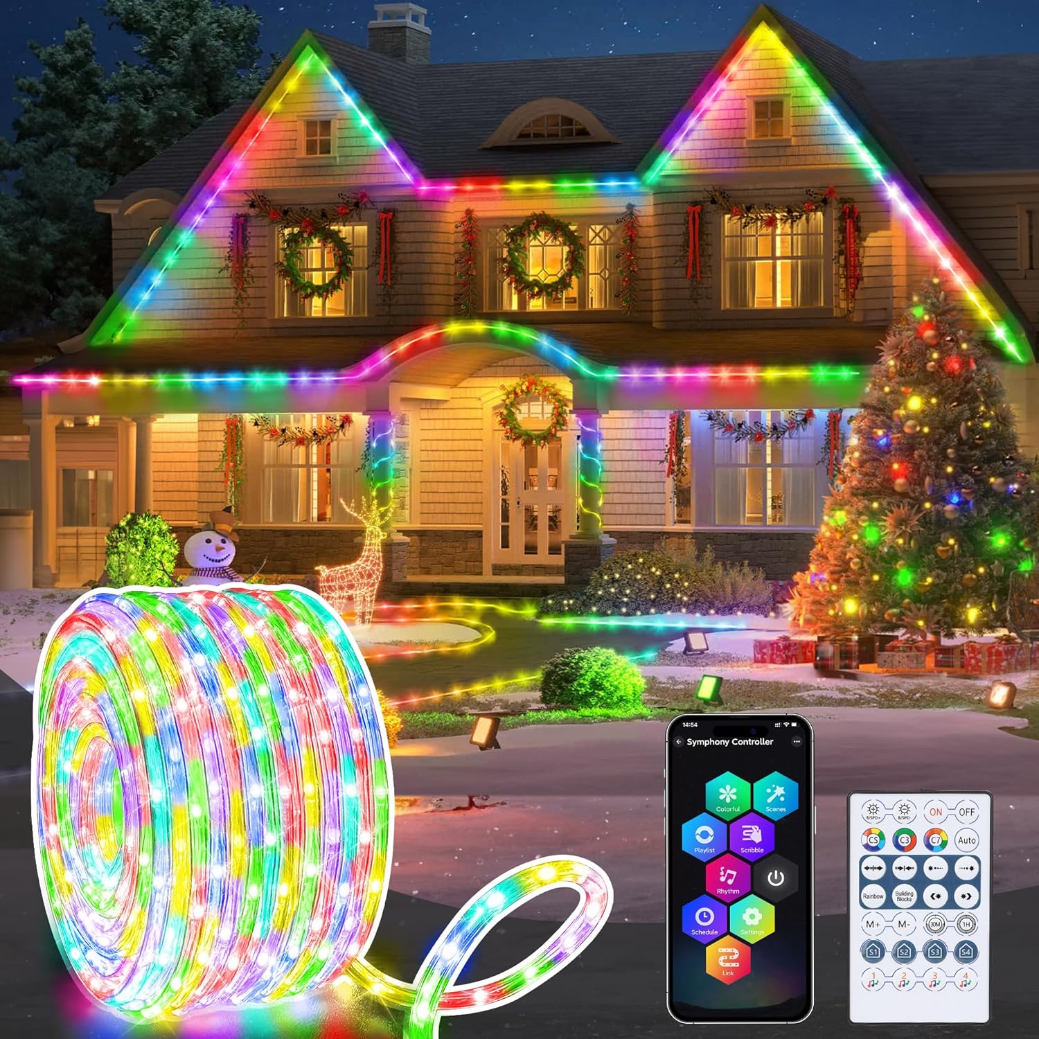 RGB Color Changing Rope Lights Outdoor, 33ft 100LED Smart Christmas Lights Remot...