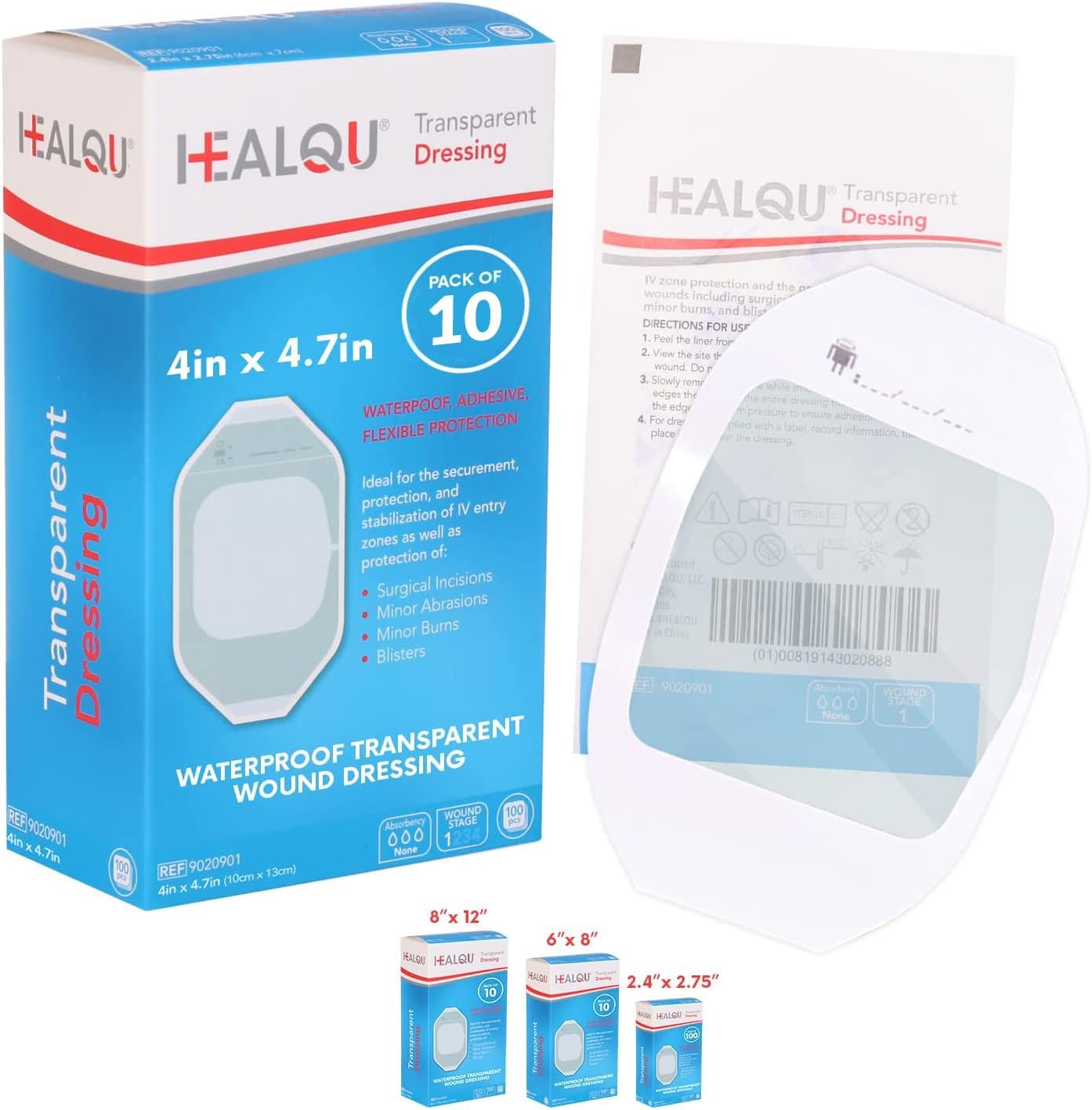 Transparent Film Dressing, 4" x 4 3/4" Box of 10 - Waterproof Wound Bandage Adhe...
