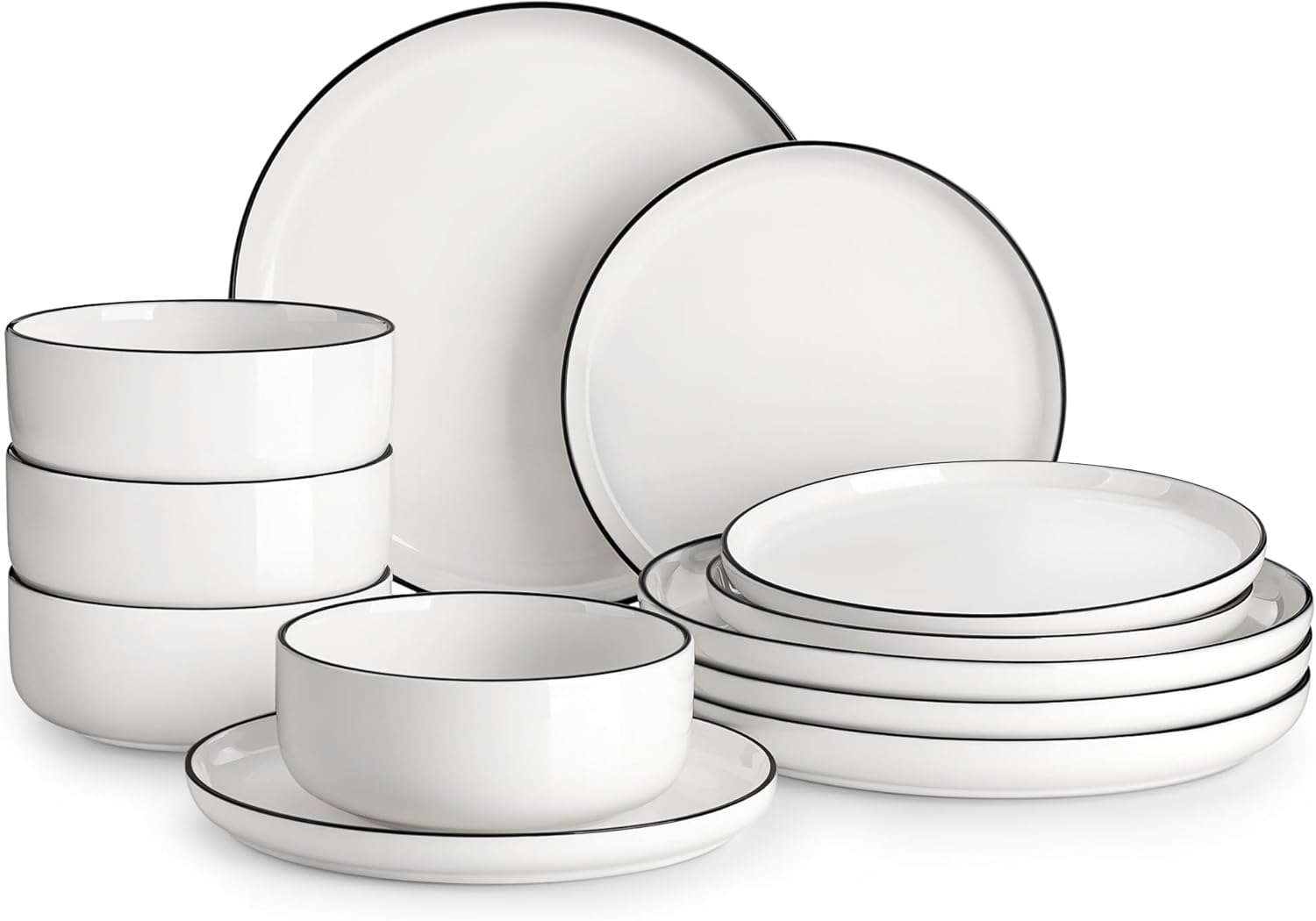 MALACASA Dinner Set for 4, 12 Pieces Porcelain Plates and Bowls Sets with Black...