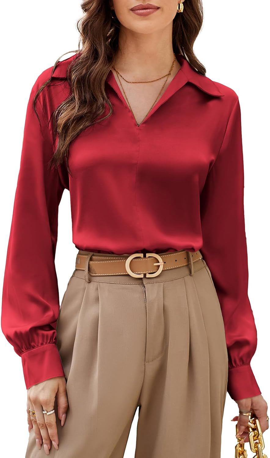 GRACE KARIN Women's Satin Silk Blouse Lapel V Neck Long Sleeve Casual Work Blous...