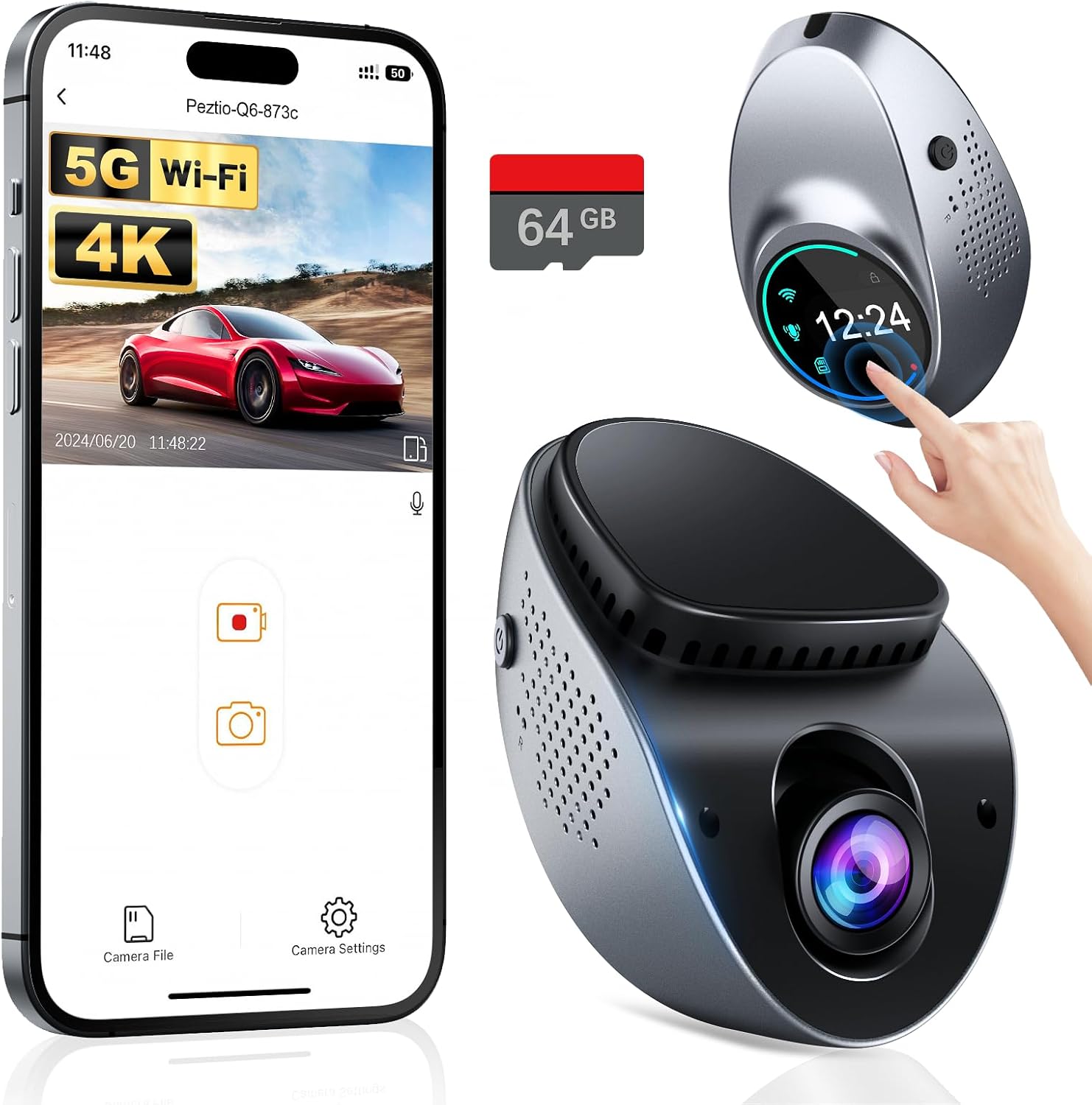 Dash Cam 4K with Touch Screen, Built-in 5G WiFi, Free 64GB Card, Dash Camera for...