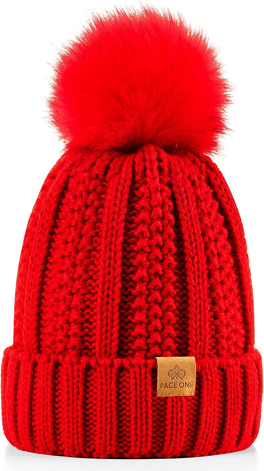 PAGE ONE Womens Winter Thick Cable Knit Beanie Faux Fur Pom Hat Fleece Lined Sku...