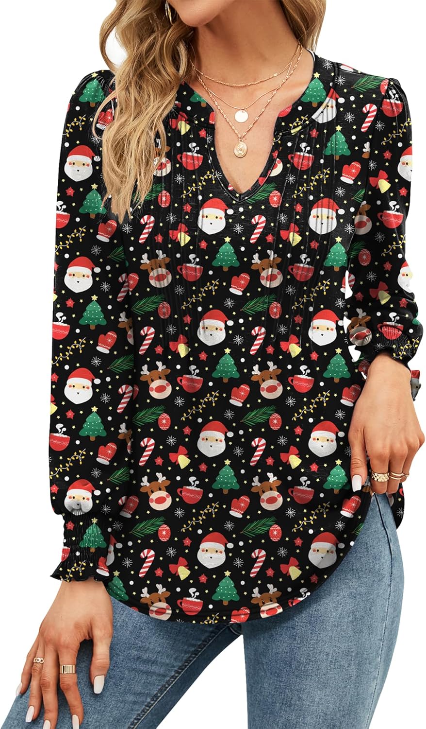 EFFAN Womens V Neck Tops Puff Short Sleeve T-Shirt Pleated Floral Printed Tunic...