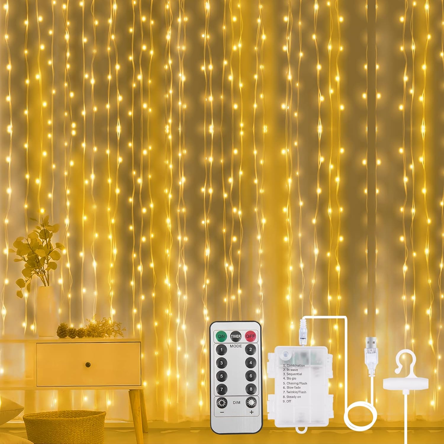 Aomig LED Curtain Lights, 3m×3m 300LED Curtain Fairy Lights, 8 Modes Remote Cont...