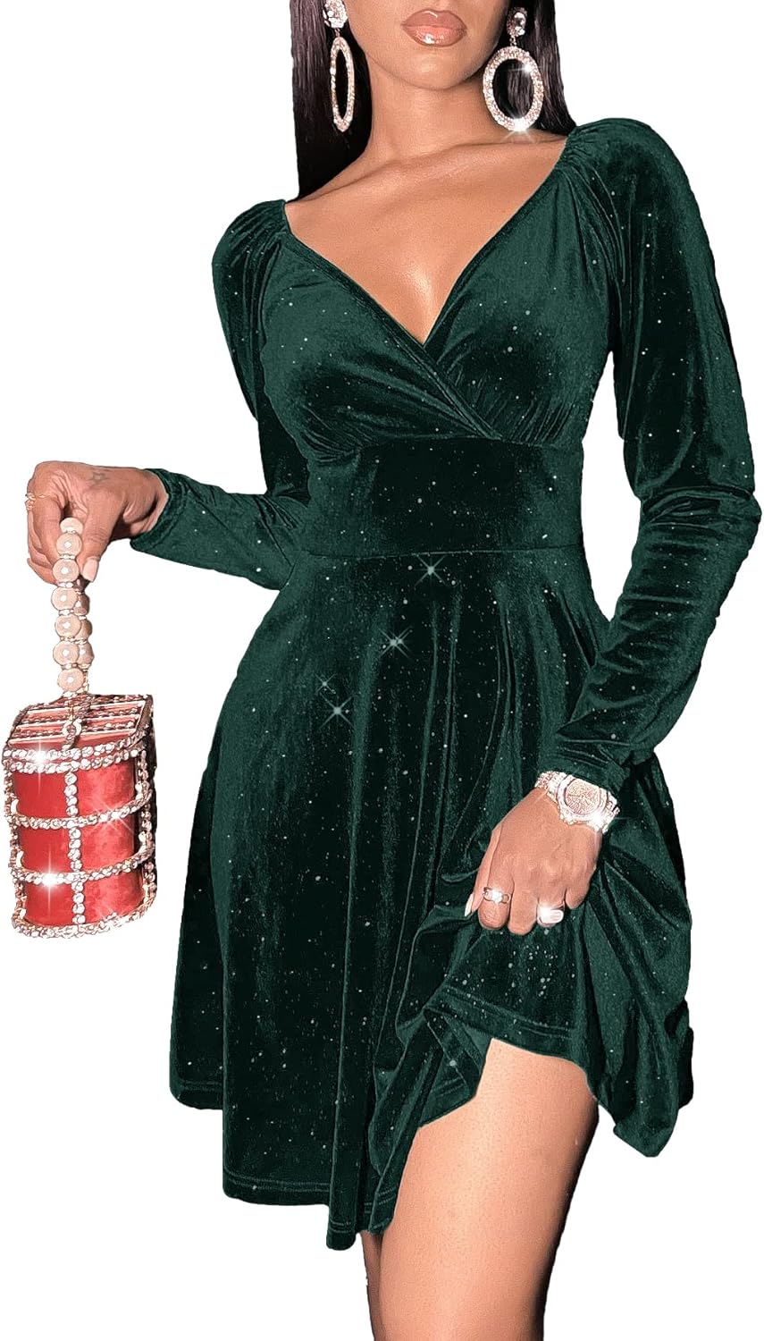 Sexyasasii Womens Wrap V Neck Long Sleeve Velvet Glitter A Line Cocktail Party S...