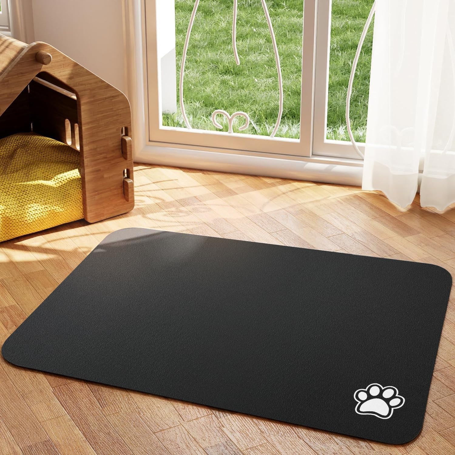 Pet Feeding Mat - Black 18"x 28" | Absorbent Dog Mat for Food and Water, No Stai...