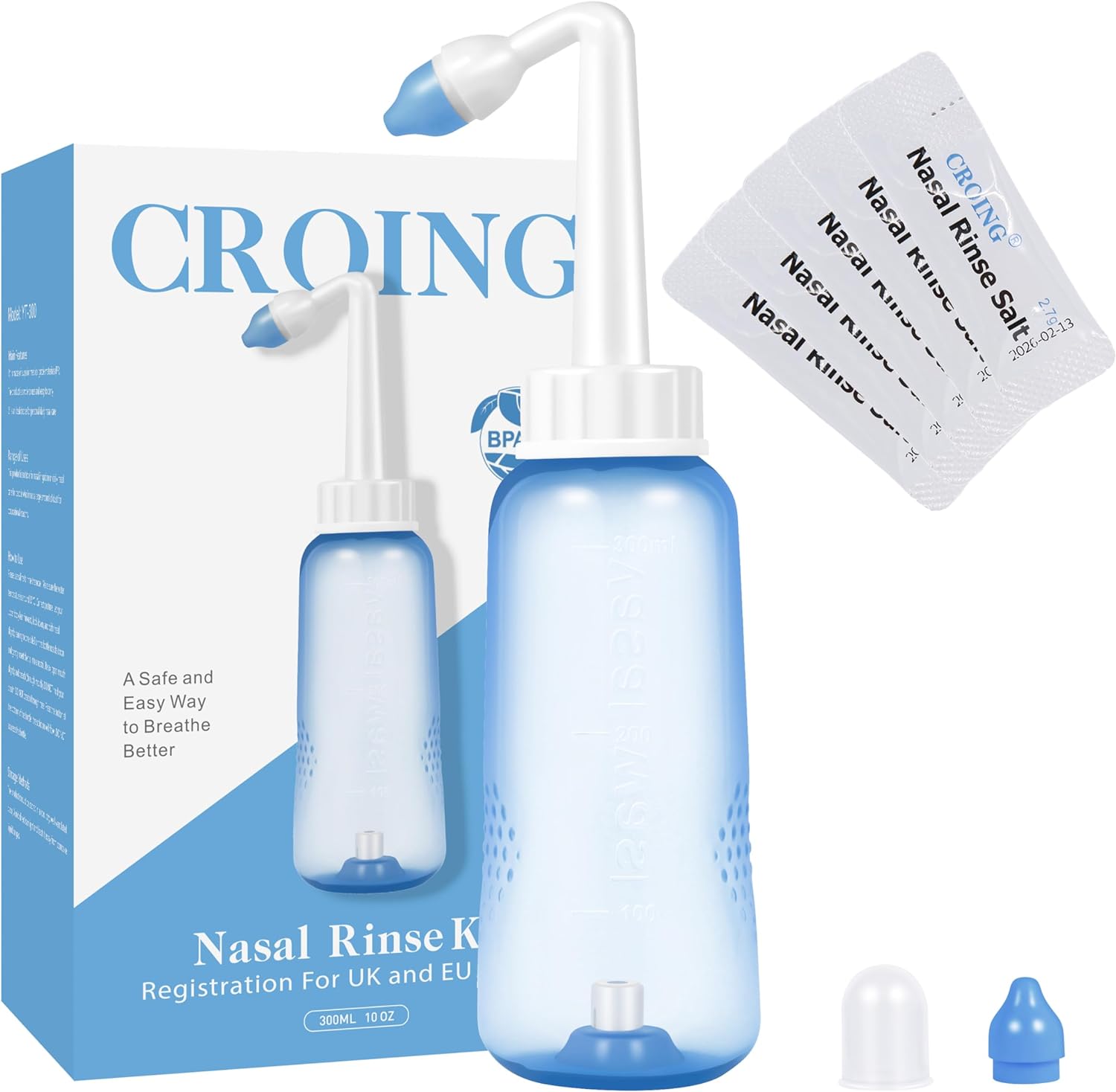 CROING 40 x Sinus Rinse Mix + 1x Nasal Wash Bottle (300ml), Neti Pot Kit, Nasal...