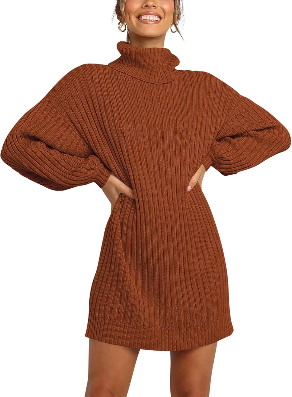 LOGENE Women's Sweater Dress, Special Turtleneck Long Balloon Sleeve Ribbed Knit...