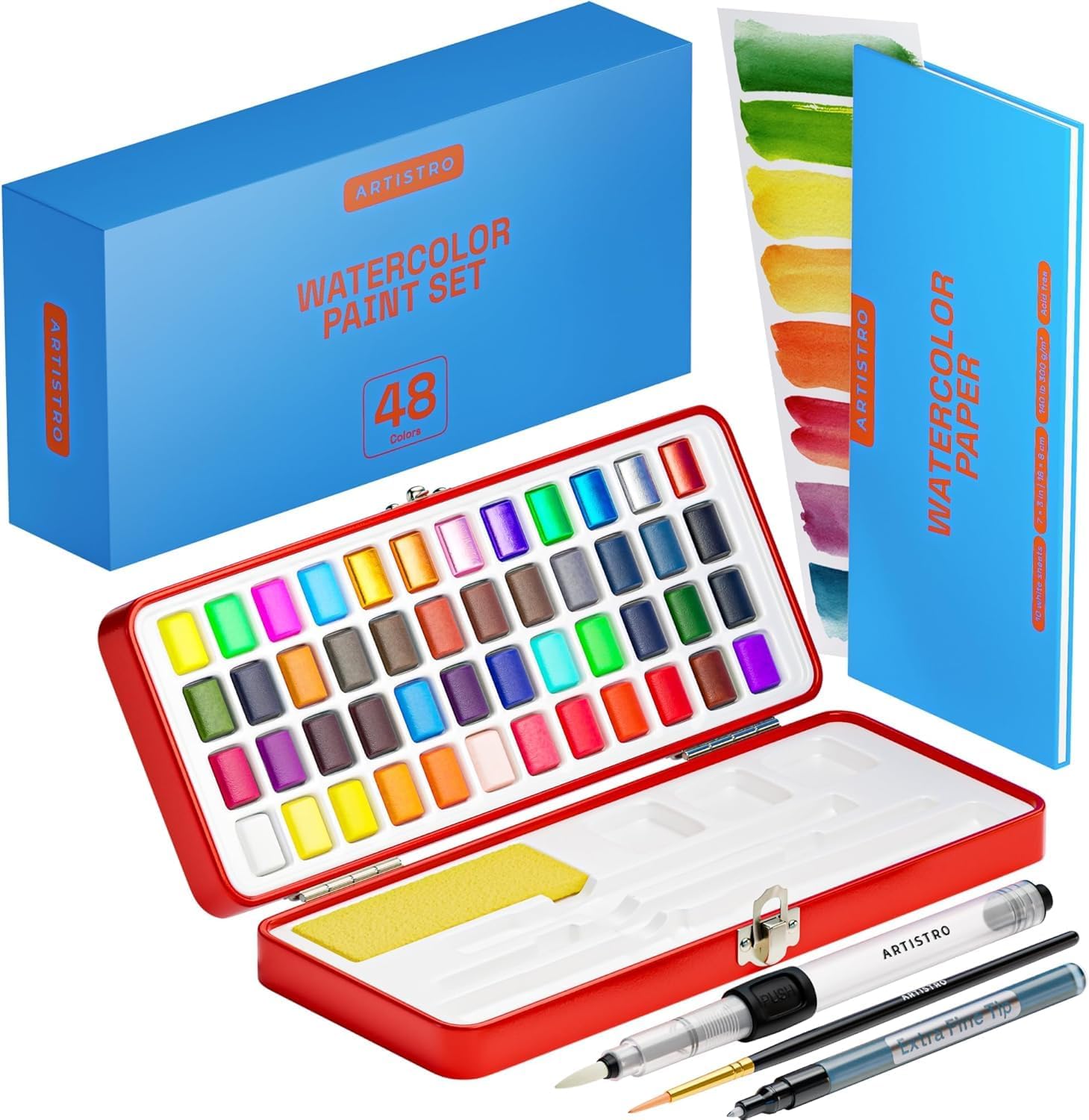 ARTISTRO Watercolor Paint Set 48 Vivid Colors + Metallic and Neon Colors, Travel...