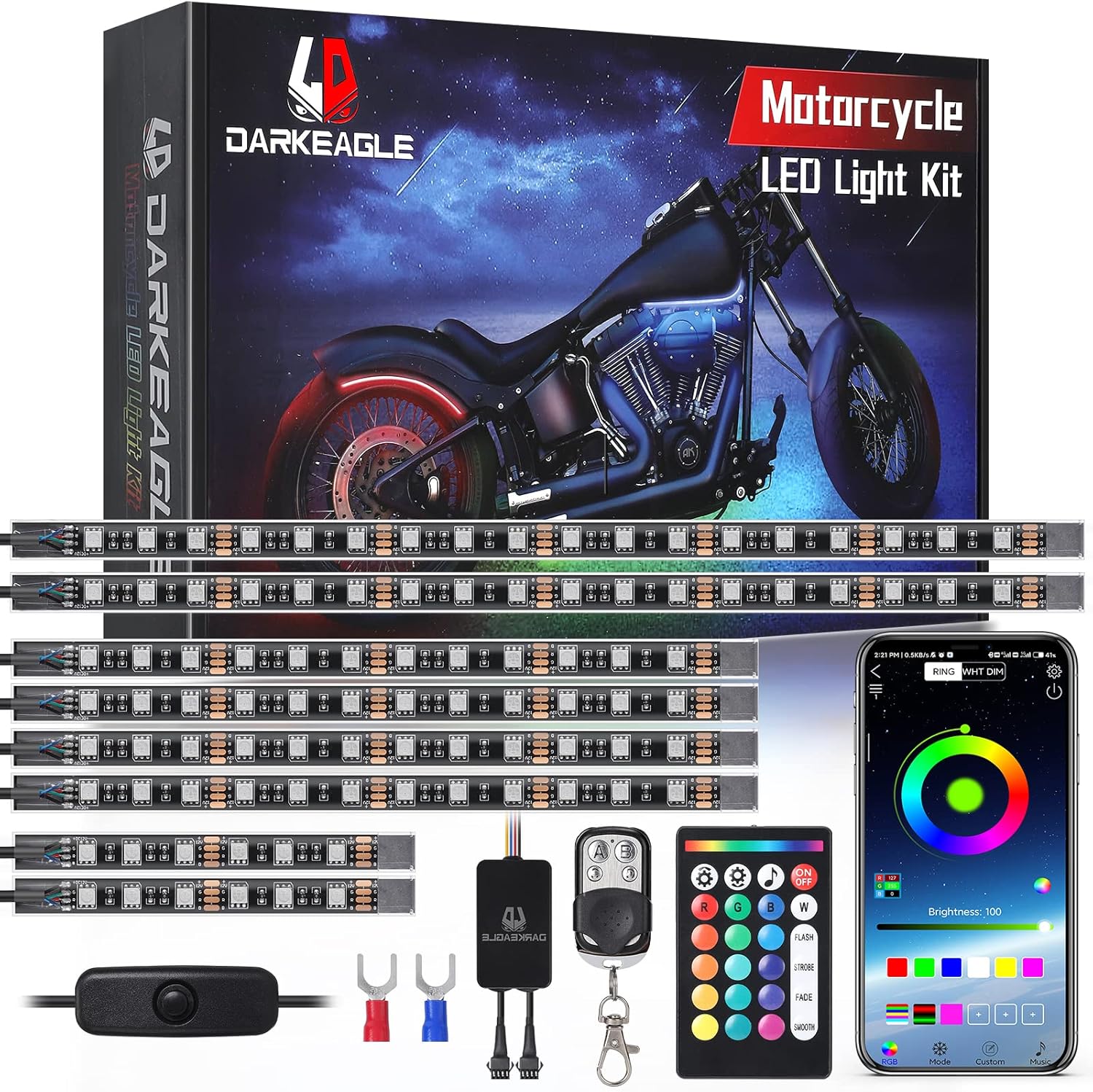 8PCS Motorcycle RGB LED Light Kits with APP/RF Remote, Dual Zone Motorcycle Stri...