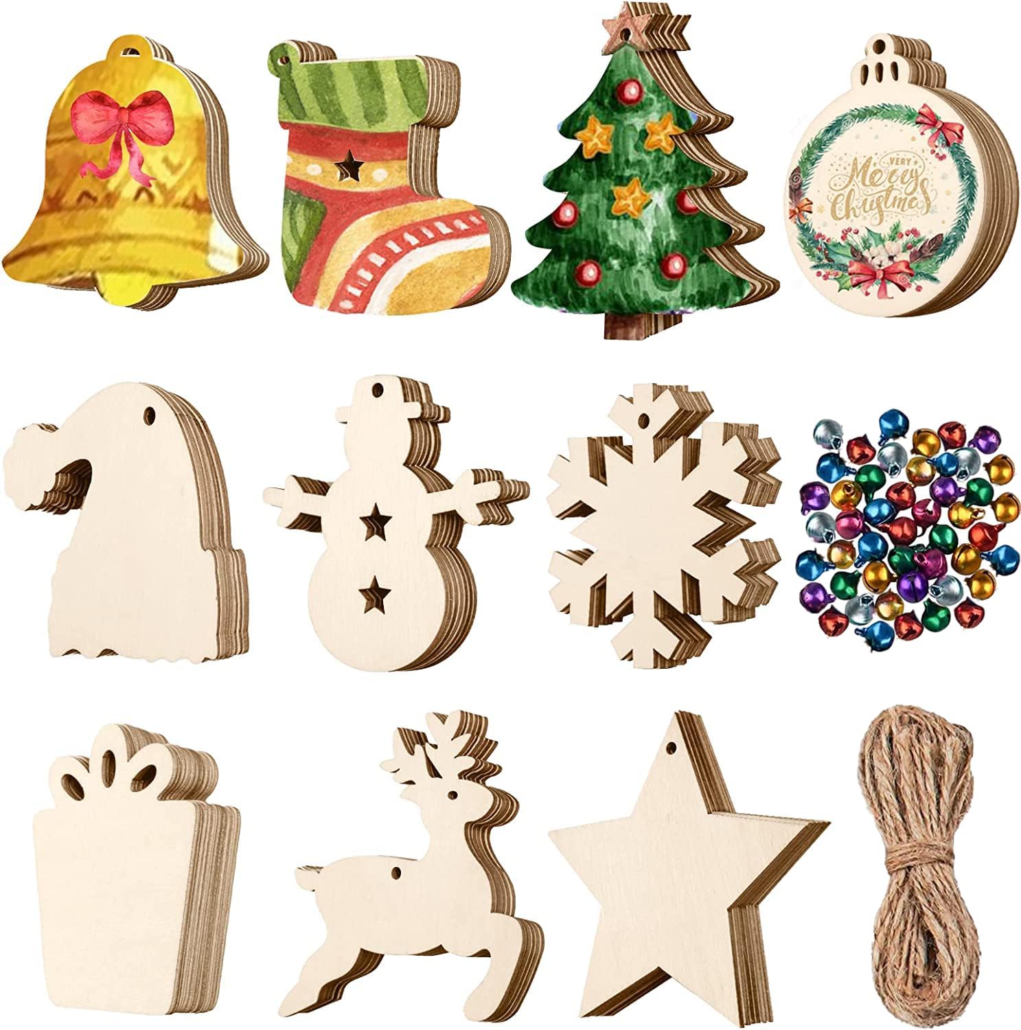 COVACURE 100 PCS Christmas Wooden Ornaments, 10 Different Shapes Christmas Craft...