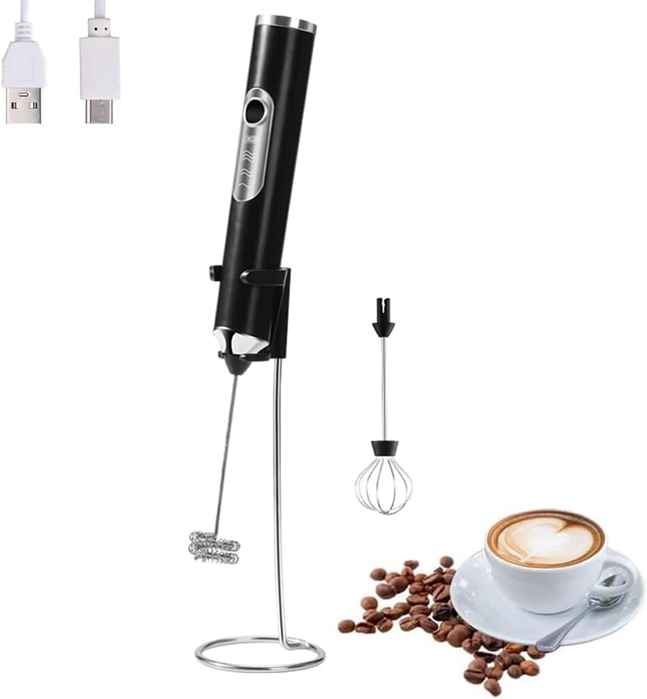 FIOUSY Handheld Electric Milk Frother with Stand, 2 Heads, Coffee Whisk Foam Mix...