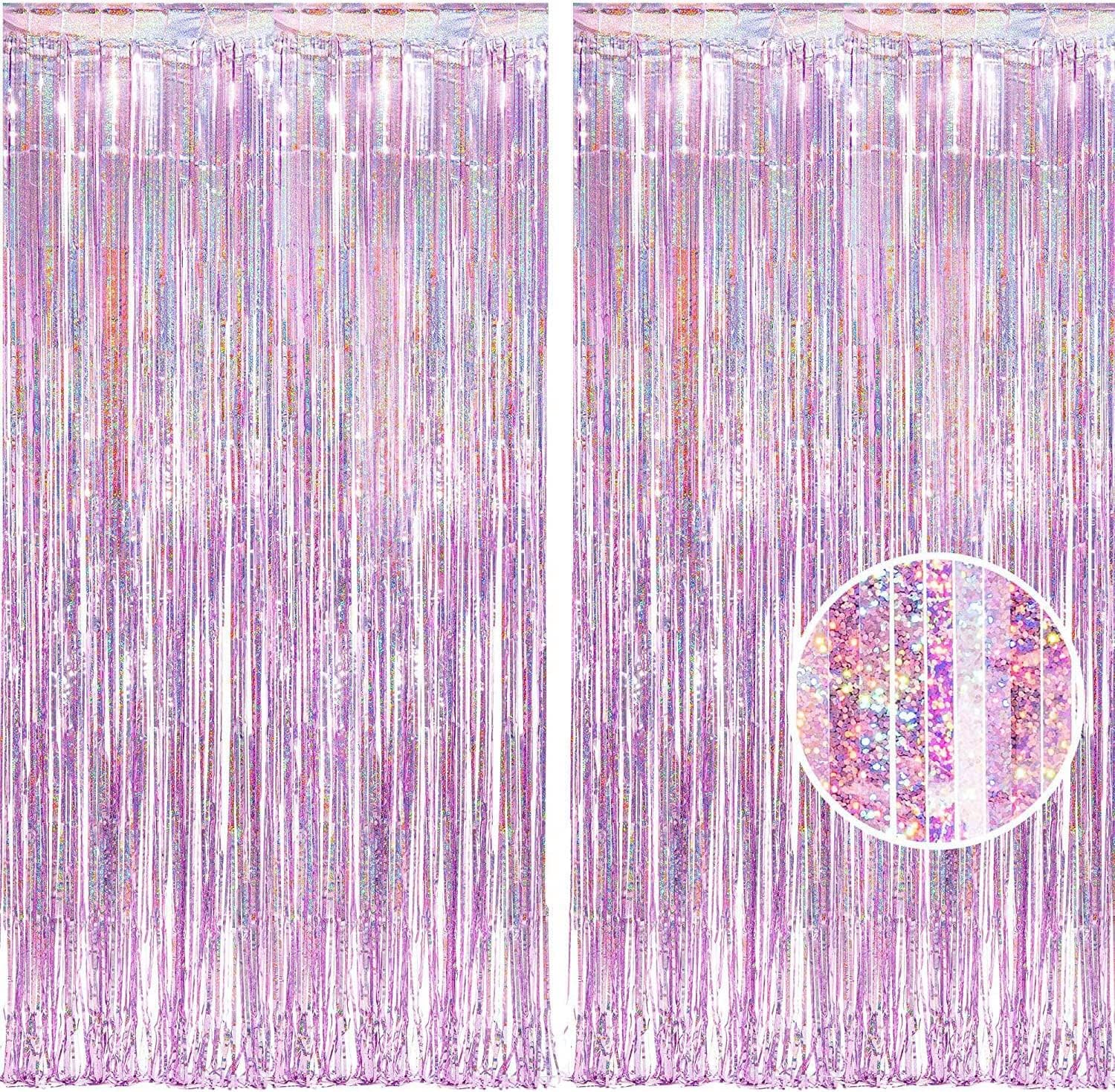 BRAVESHINE Pink Tinsel Foil Fringe Curtains - 2 Pcs 3.2x8.2 ft Metallic Holidays...