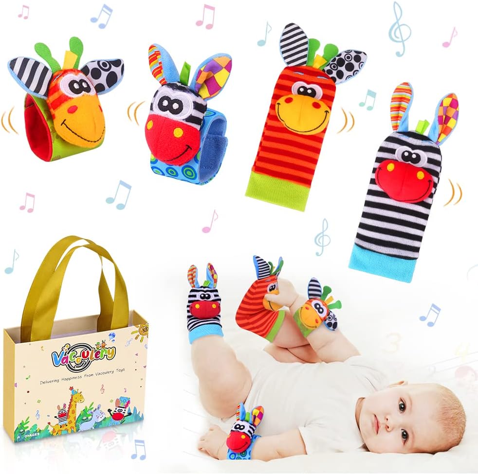 Vacoulery Baby Wrist Rattles & Footfinder Set Soft Animal Baby Rattles Toys for...