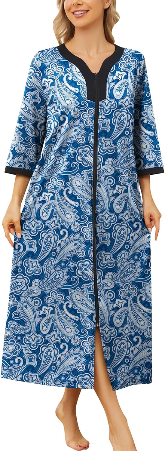 Bloggerlove House Dresses for Womens Zip Up Robe Cotton Nightgown Long House Coa...