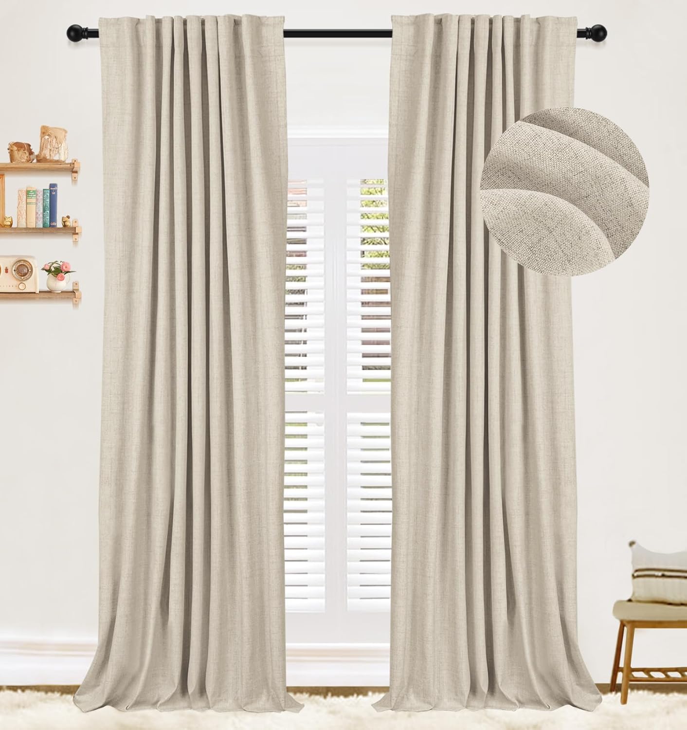 100% Blackout Shield Linen Blackout Curtains 108 inches Long,Back Tab/Rod Pocket...