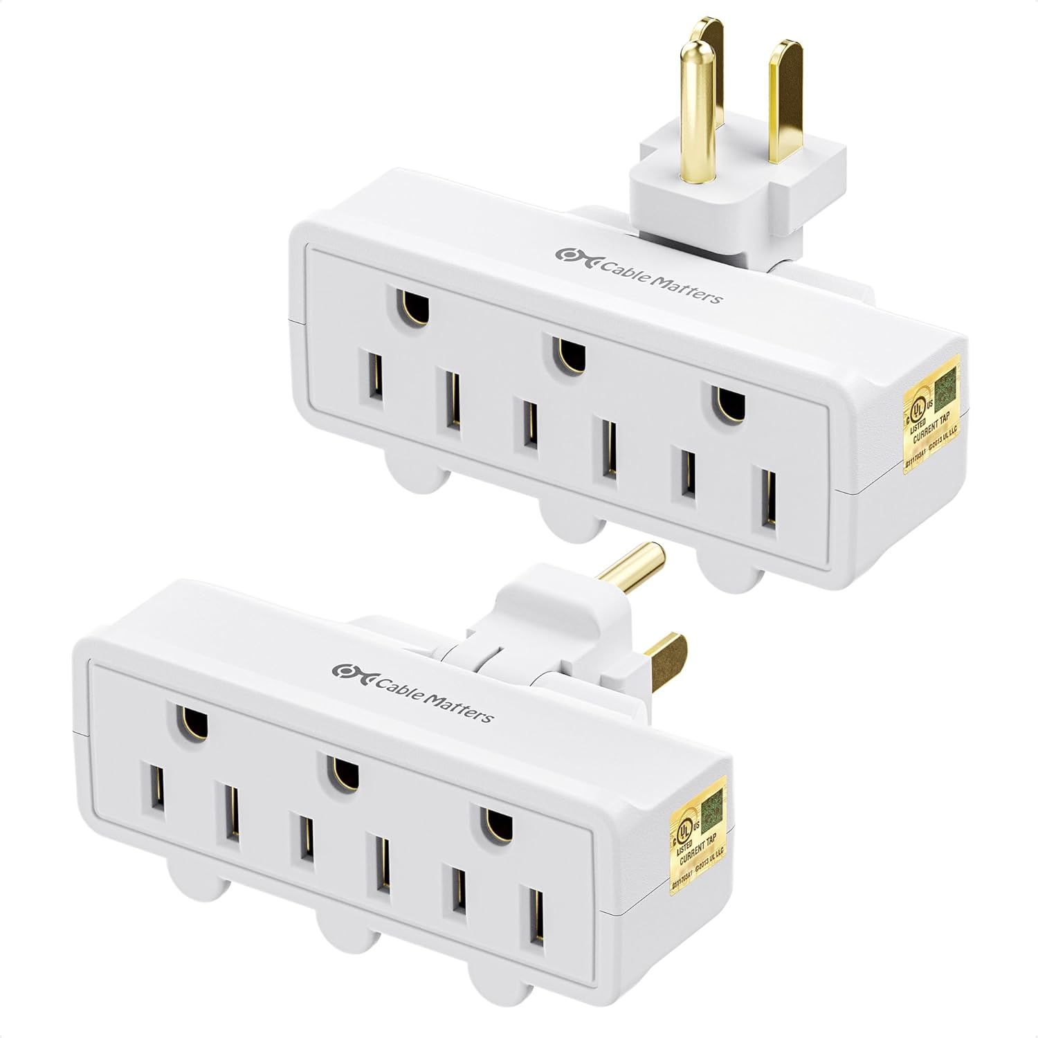 [UL Listed] Cable Matters 2-Pack 3 Outlet Grounded 180 Degree Swivel Wall Tap in...