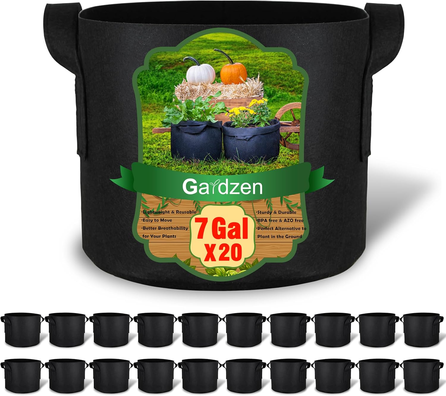 Gardzen 20-Pack 7 Gallon Grow Bags, Aeration Fabric Pots with Handles, Pot for P...