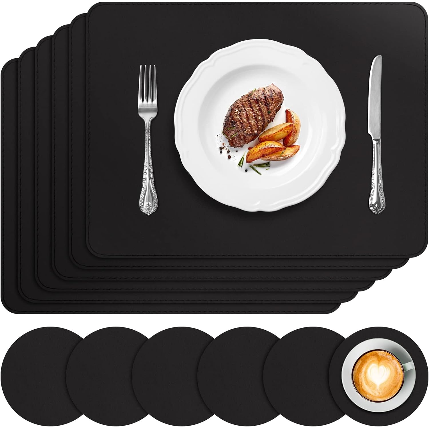 APLKER Placemats and Coasters Set of 6, Heat Insulation PU Leather Table Mats Wa...