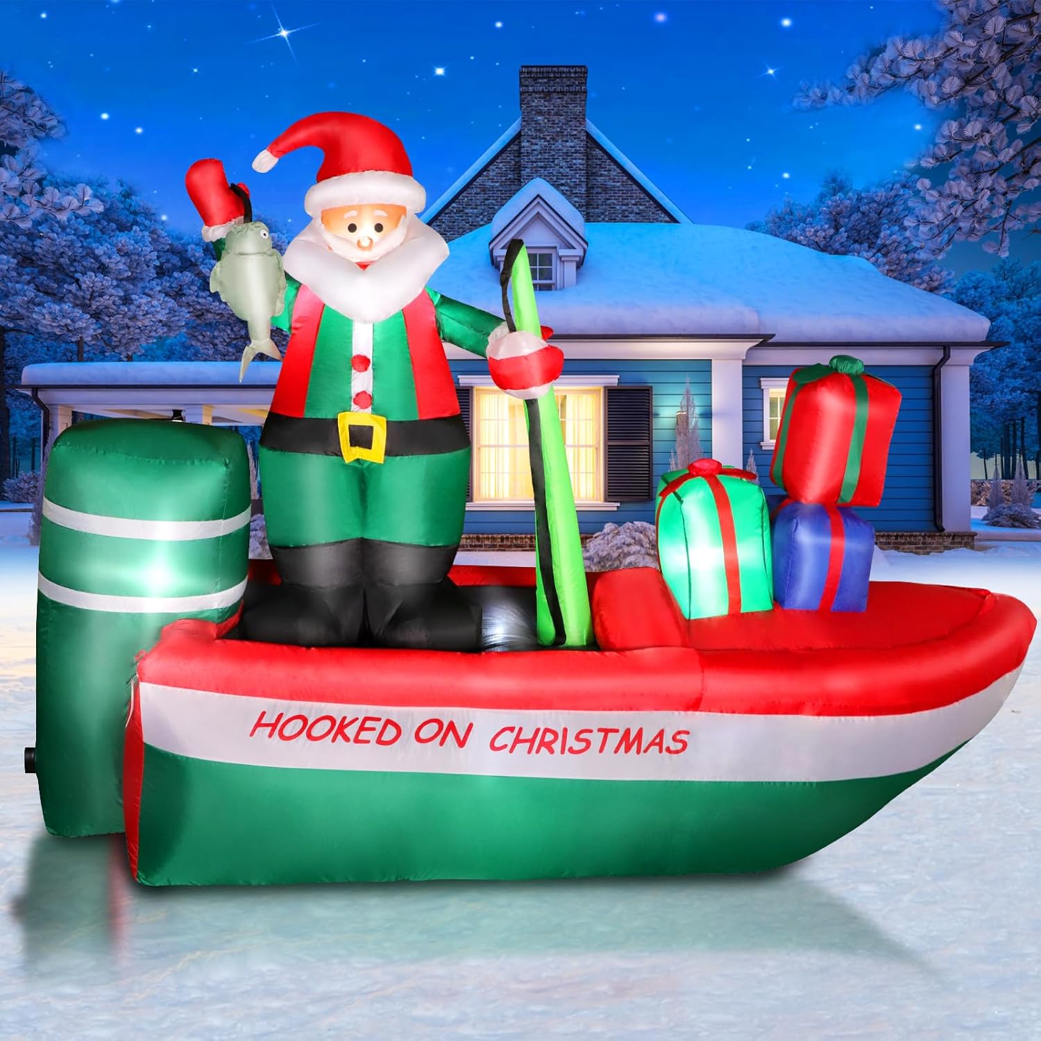 8FT Christmas Inflatables Santa Claus Fishing on a Boat with Colorful Gift Boxes...