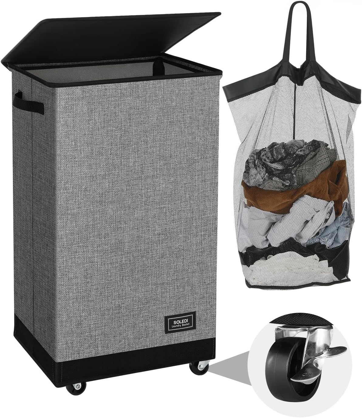 SOLEDI Laundry Basket with Wheels, Laundry Hamper with Lid 90L(23.8 gal), Clothe...