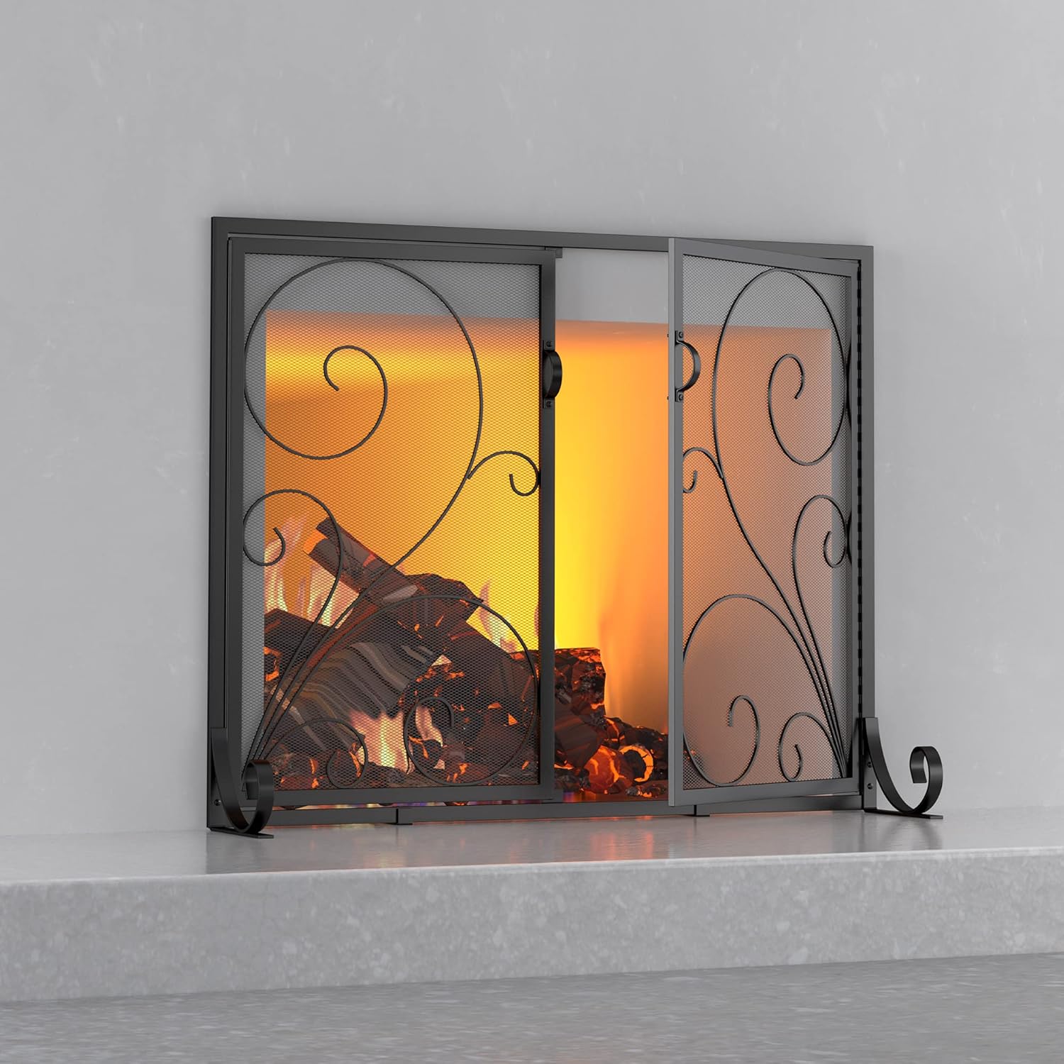 Fire Beauty Fireplace Screen with Doors, Handcrafted Solid Steel, Heavy Duty Met...