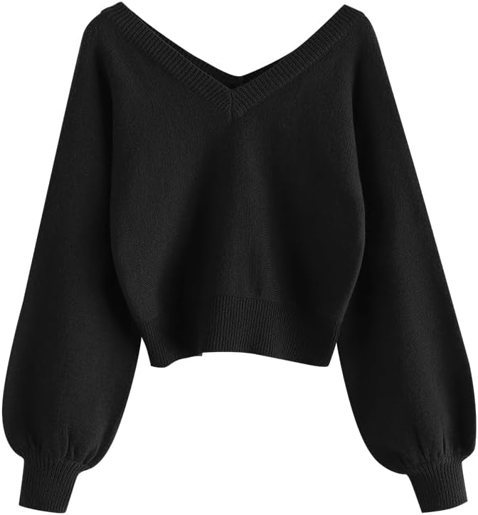 ZAFUL Women's Raglan Long Sleeve Double Side V Neck Short Sweater Casual Solid C...