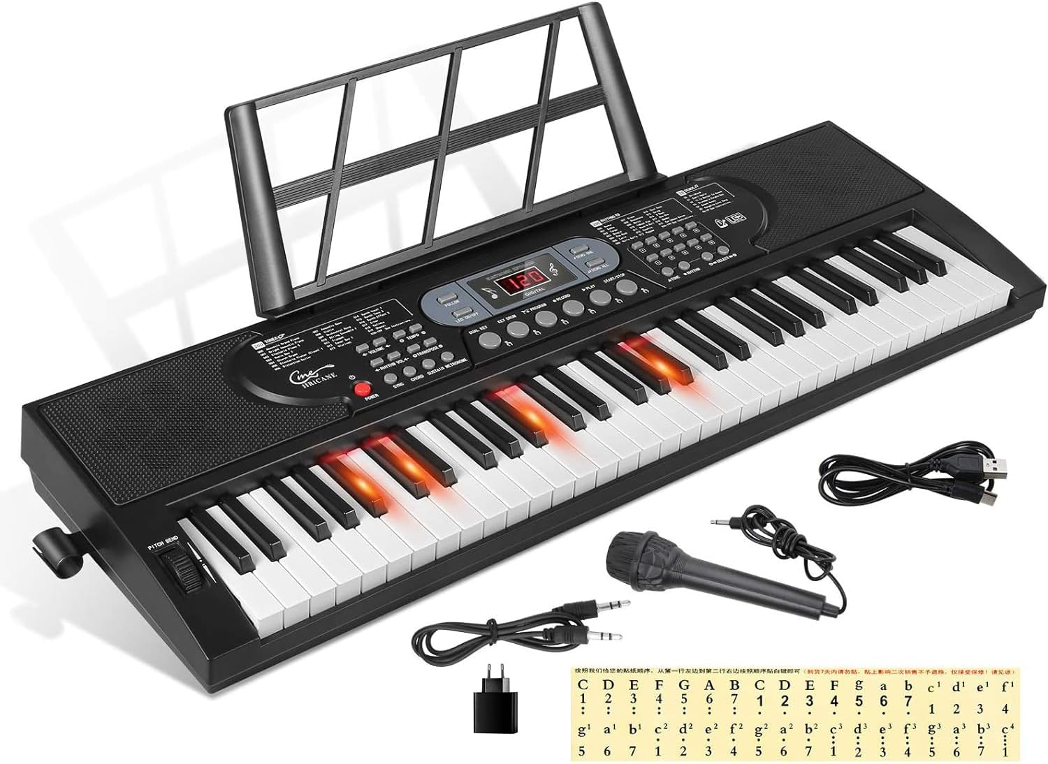 Hricane 61 Keys Piano Keyboard with Microphone Piano Note Sticker Power Supply M...