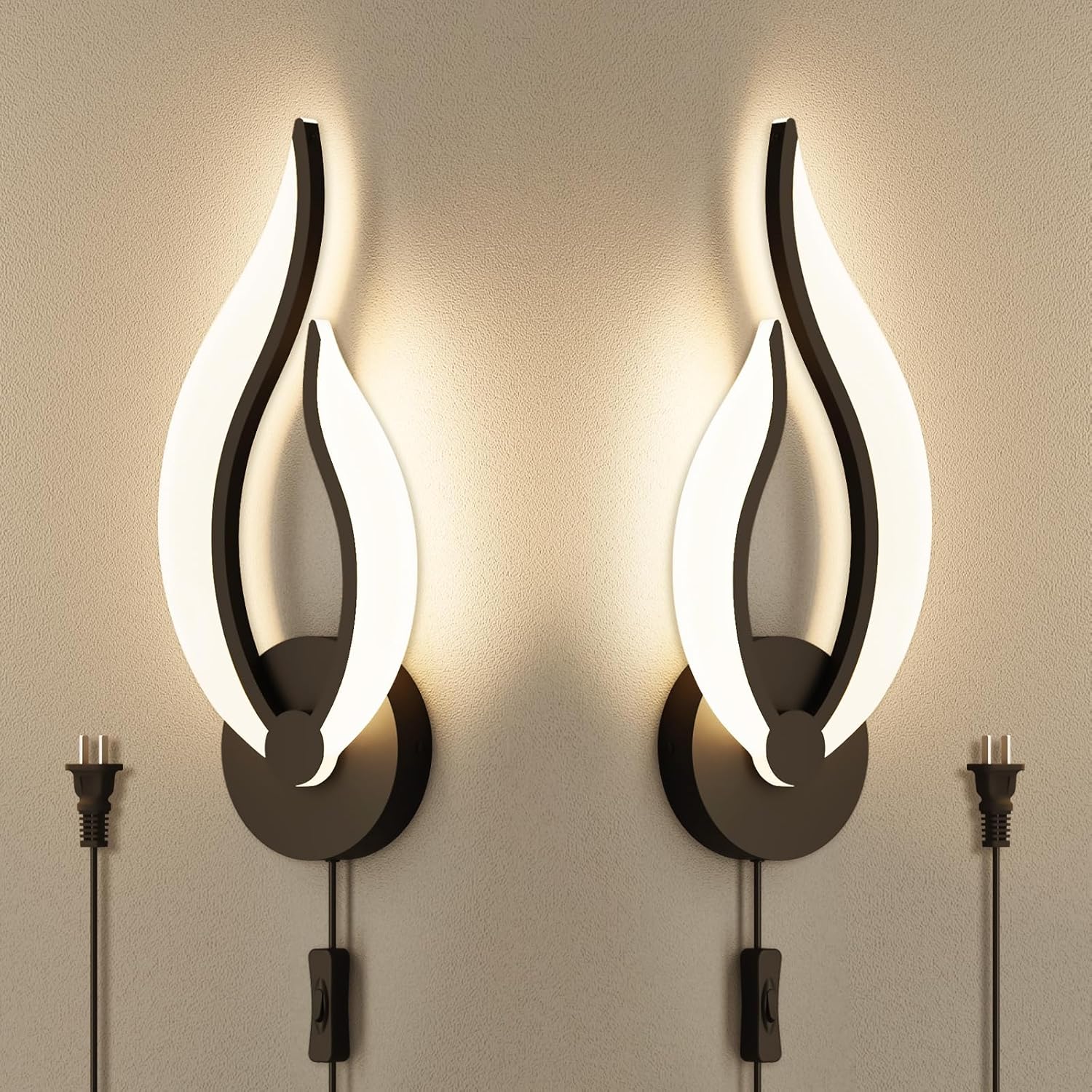 Modern LED Wall Lamps for Bedrooms Set of 2 Black Plug in Wall Light Fixtures 30...