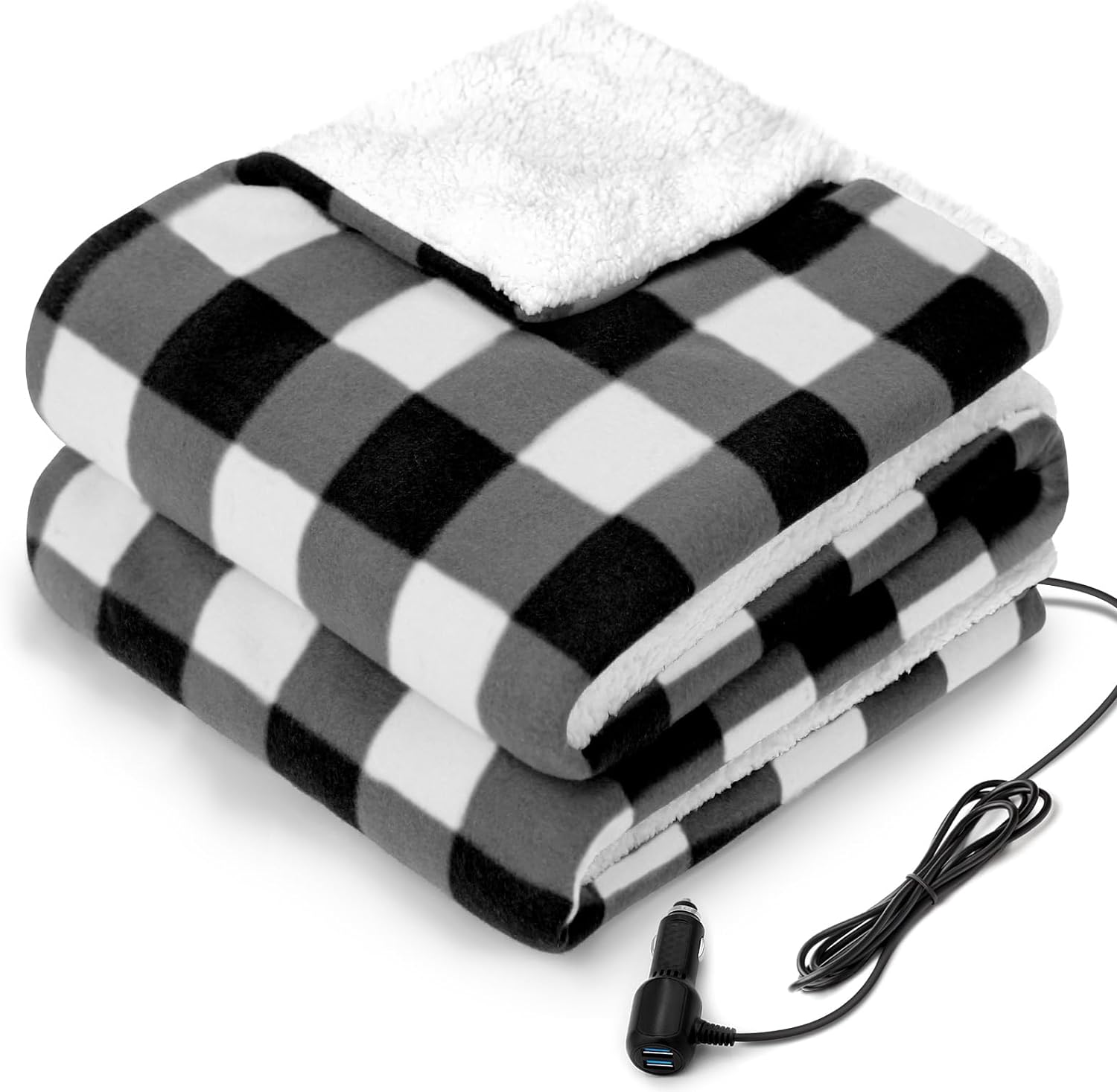 SEALY 12-Volt Heated Car Blanket with 2 USB Output Ports, 3 Heating Levels & 4 H...