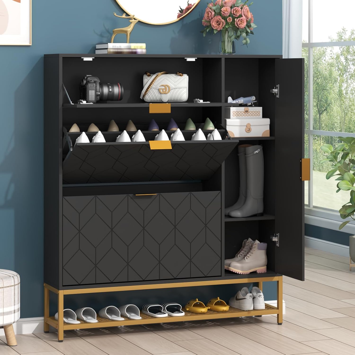 Loomie Shoe Cabinet,Freestanding Tipping Bucket Shoe Rack Organizer with 2 Flip...