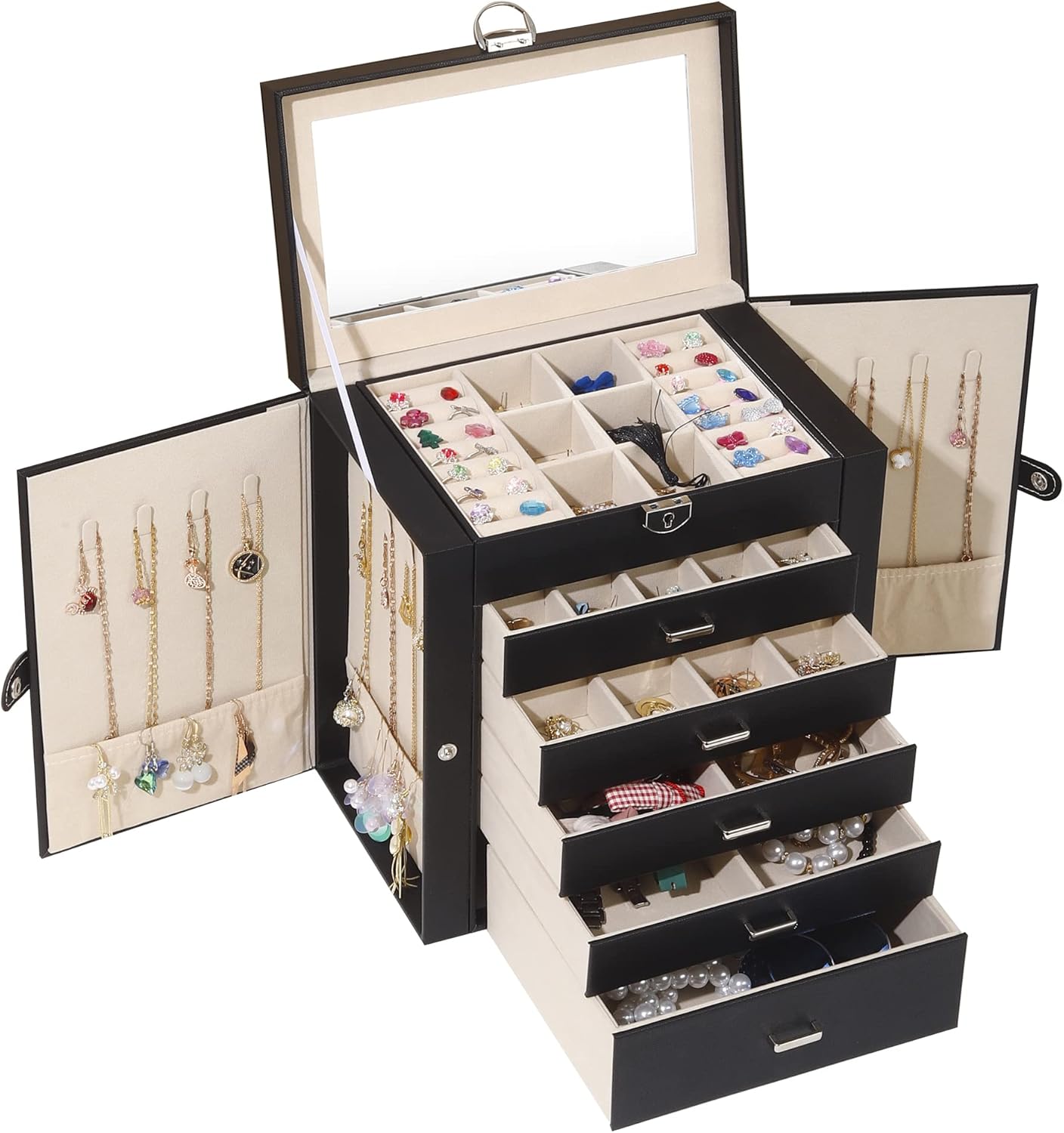 BOOVO Jewelry Box For women, 6 Layer Large Jewelry Organizer With Mirror, Multi-...