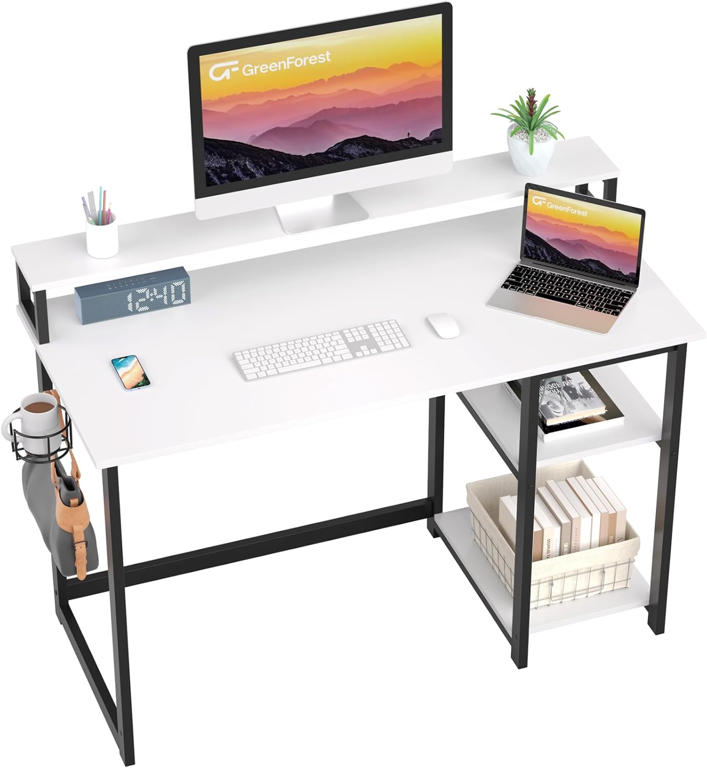 GreenForest Computer Desk with Full Monitor Stand and Reversible Storage Shelves...