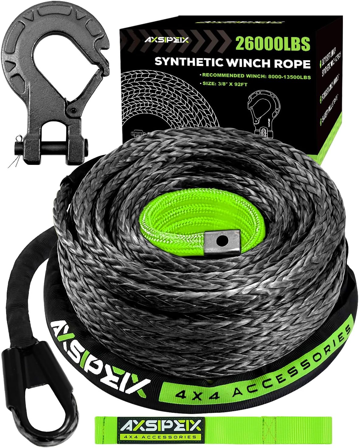 Synthetic Winch Rope Kit, 3/8" x 92ft 26000LBS Black Winch Cable with Protective...