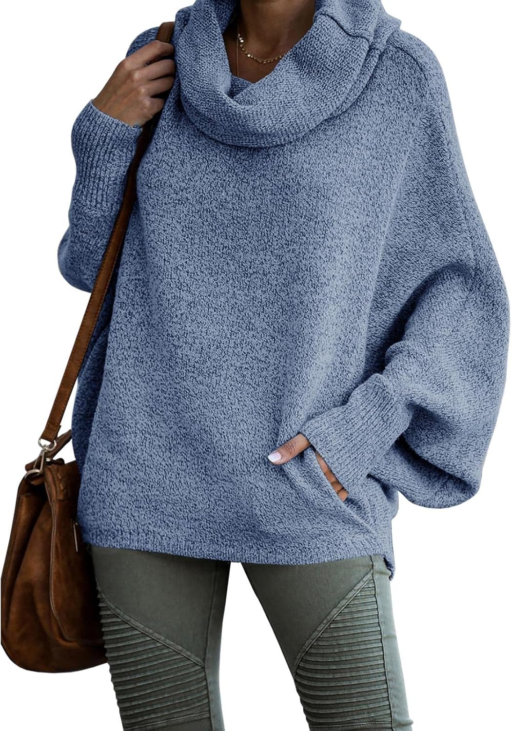 Womens Cowl Neck Pullover Sweaters with Pockets Lantern Long Sleeve Knit Casual...