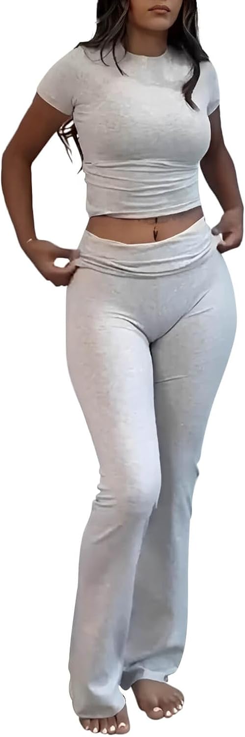 ZFLM Casual Workout Two Piece Outfits for Women Short Sleeve Crop High Waist Fol...