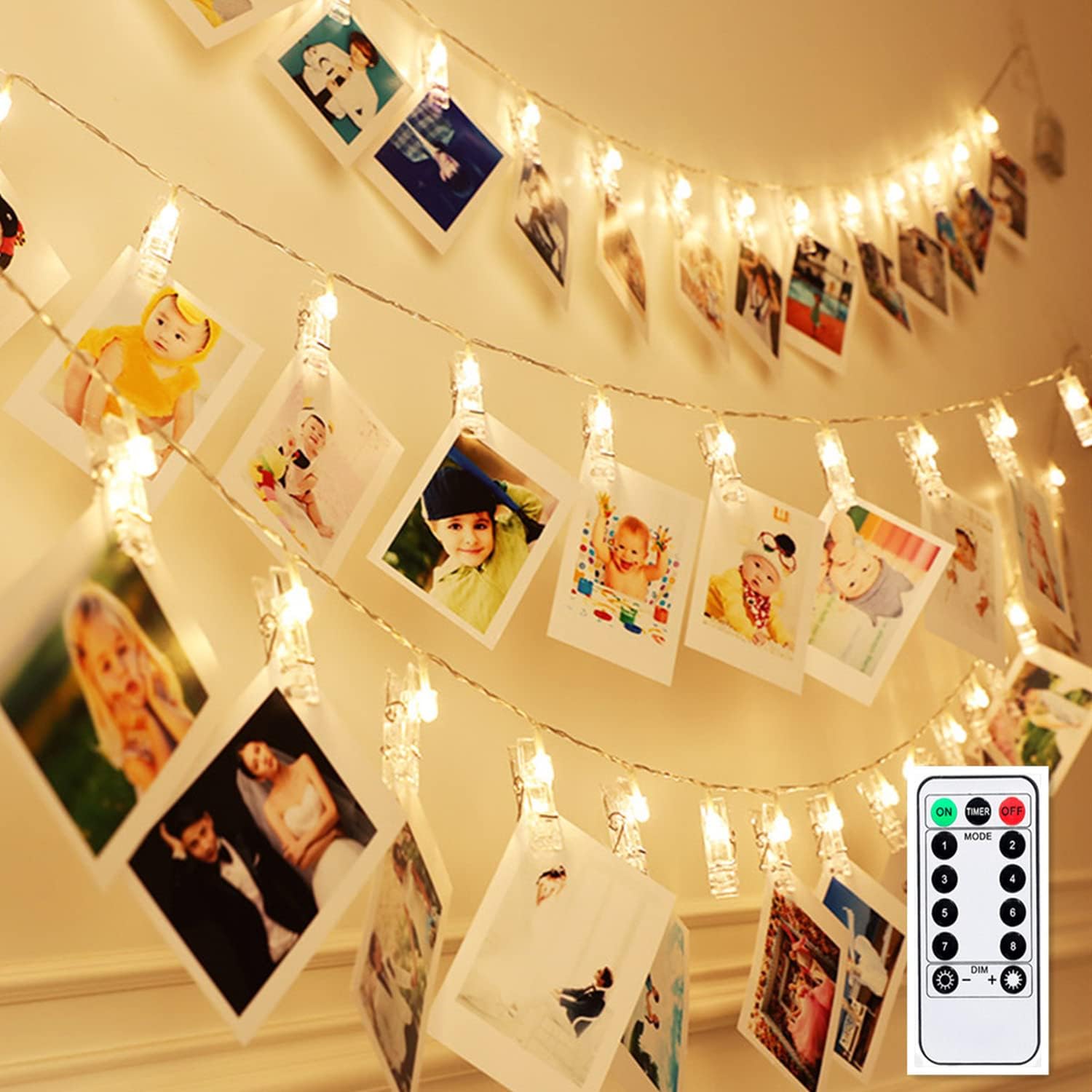 Dimmable 50 Battery-Powered Photo String Lights with Remote Control for Hanging...
