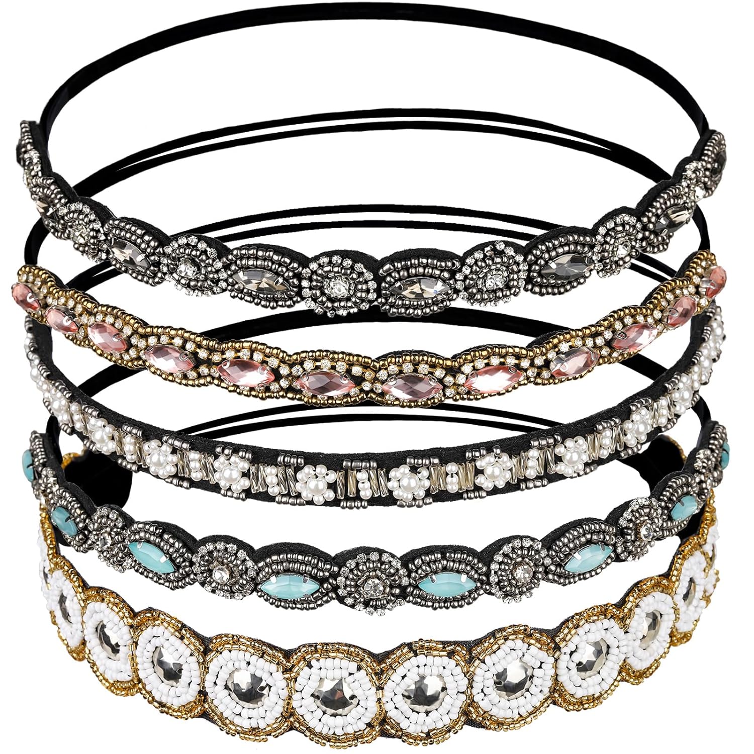Teenitor 5pcs Hairbands for Women, 5 Rhinestone Beaded Headbands, Head Bands for...
