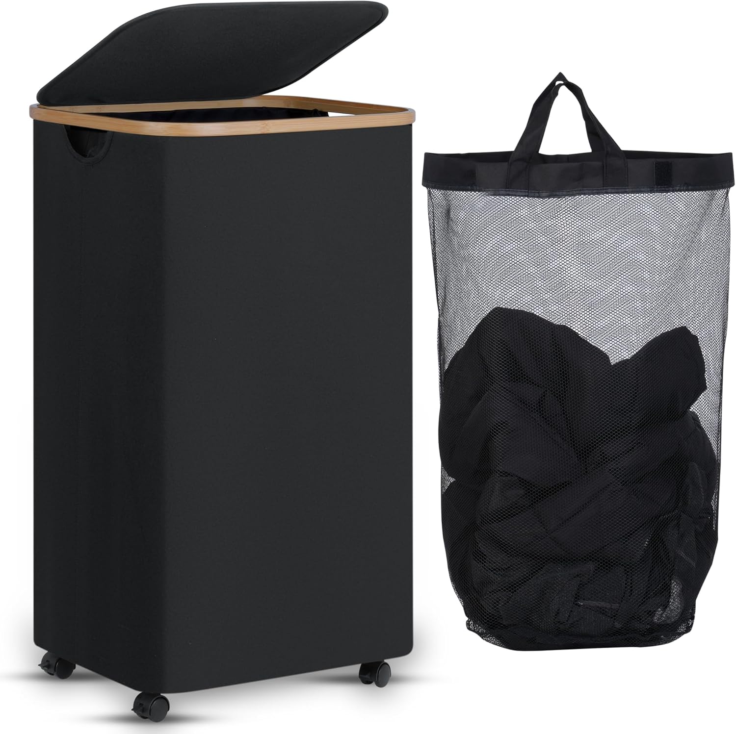 Laundry Basket with Wheels, Rolling Laundry Basket with Lid and Removable Bag, D...