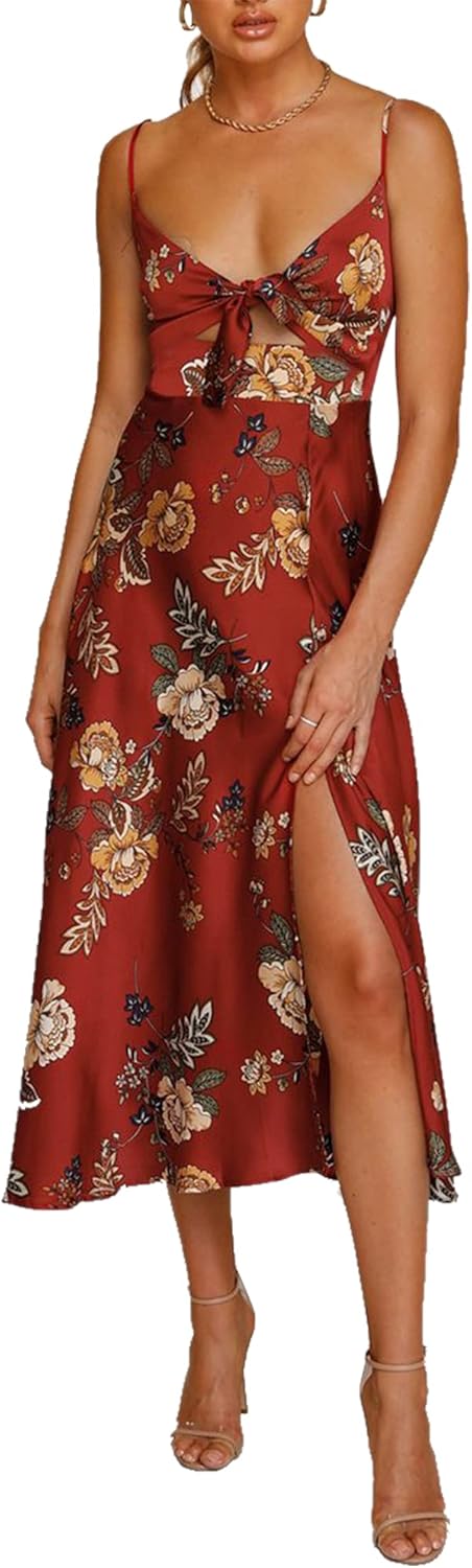 Fashionme Women Spaghetti Strap Midi Satin Dresses Tie Front Backless Split Holl...