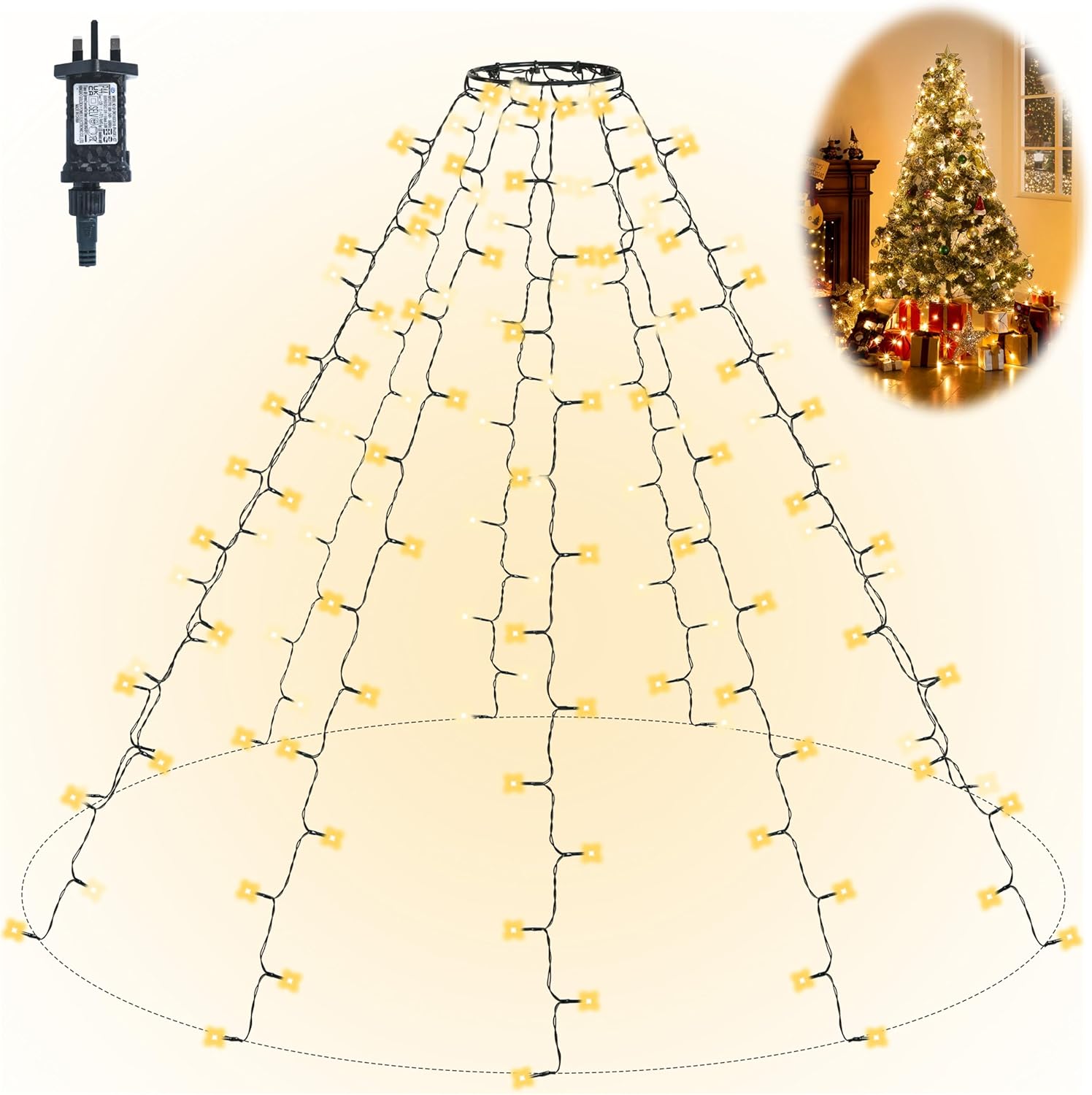 Gresonic Christmas Tree Lighting with Ring, 280 LED 2M Plug in 8 Mode Timer Crim...