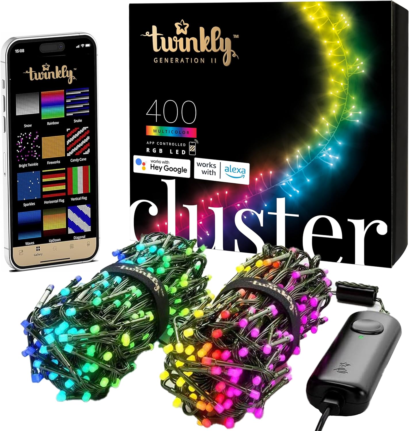 Twinkly Cluster RGB LED Lights, Special Dense Strip of 400 LED Lights for In- an...