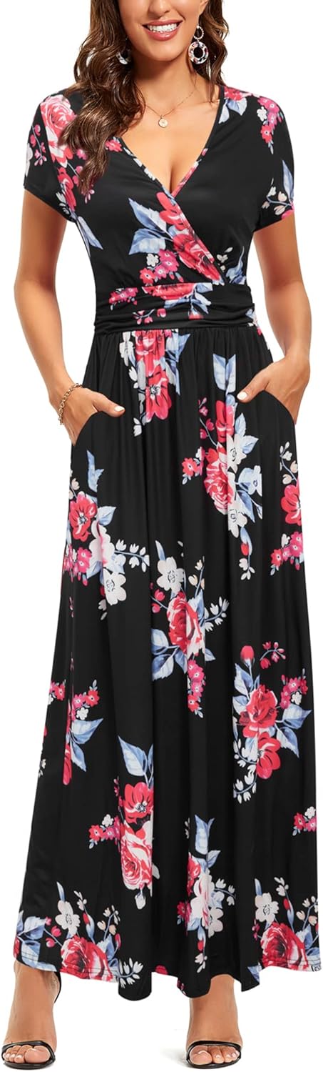 OUGES Women's Summer Spring Maxi Dress V Neck Short/Long Sleeve Ladies Casual Lo...