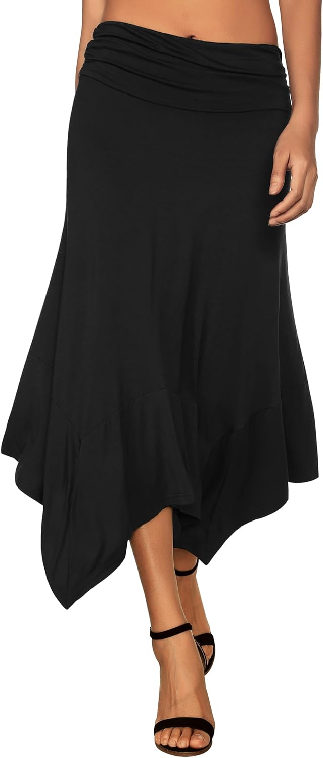 DJT Women's Flowy Handkerchief Hemline Midi Skirt Medium Black