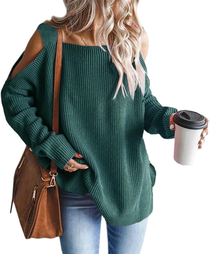 Unique MaQiYa Women's Cold Shoulder Sweaters, Special Oversized Sweaters with Ba...