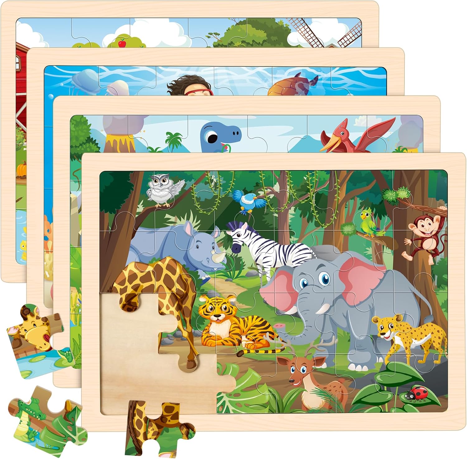 4 Packs Puzzles for Kids Ages 4-6, Wooden Animals Jigsaw Puzzles for Toddlers Ag...