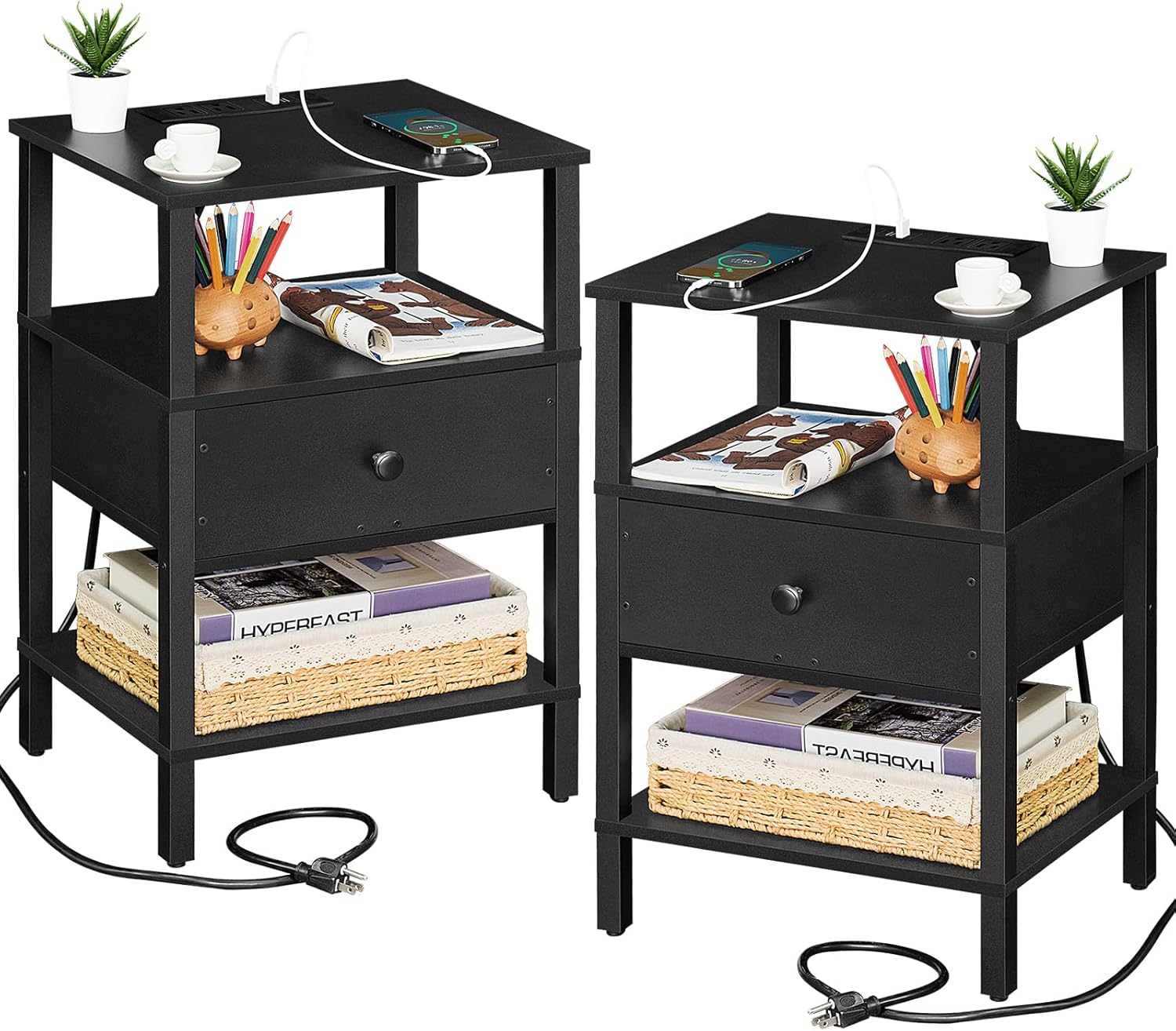Lerliuo Nightstand Set of 2 with Charging Station and USB Ports, 3-Tier Storage...