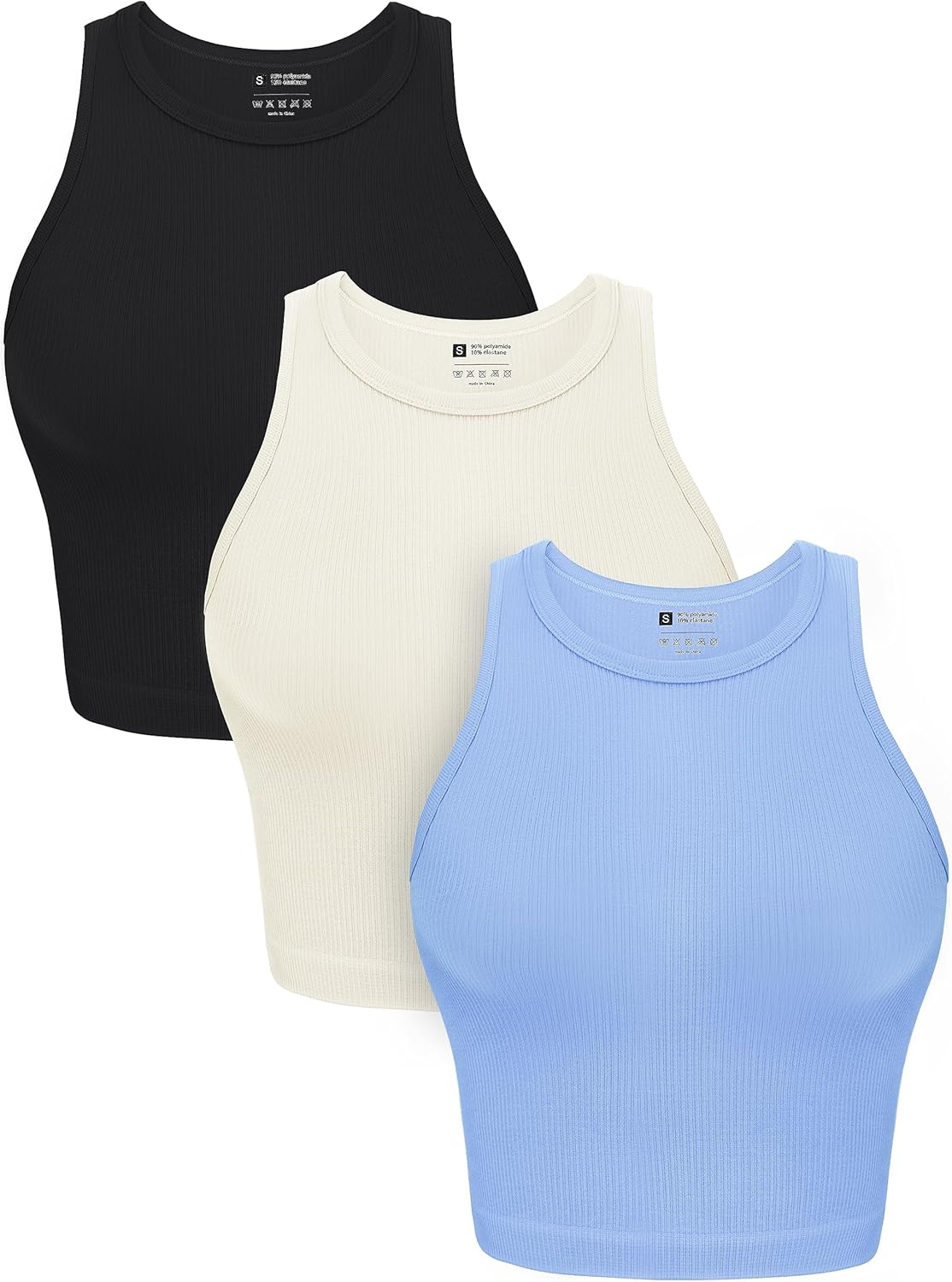 OLCHEE Womens 3 Pack Crop Tank Tops Basic Seamless Ribbed Round High Neck Racerb...