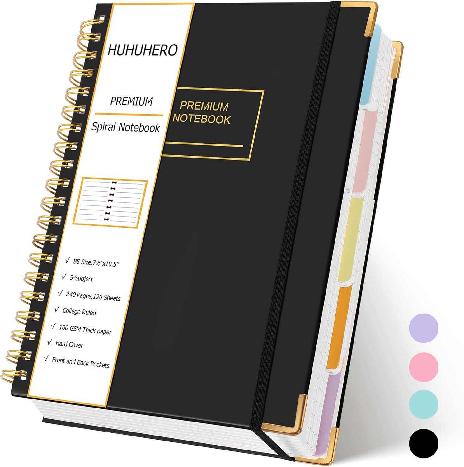 Huhuhero Lined Spiral Notebook Journal, 240 Pages 5 Subject Notebook College Rul...